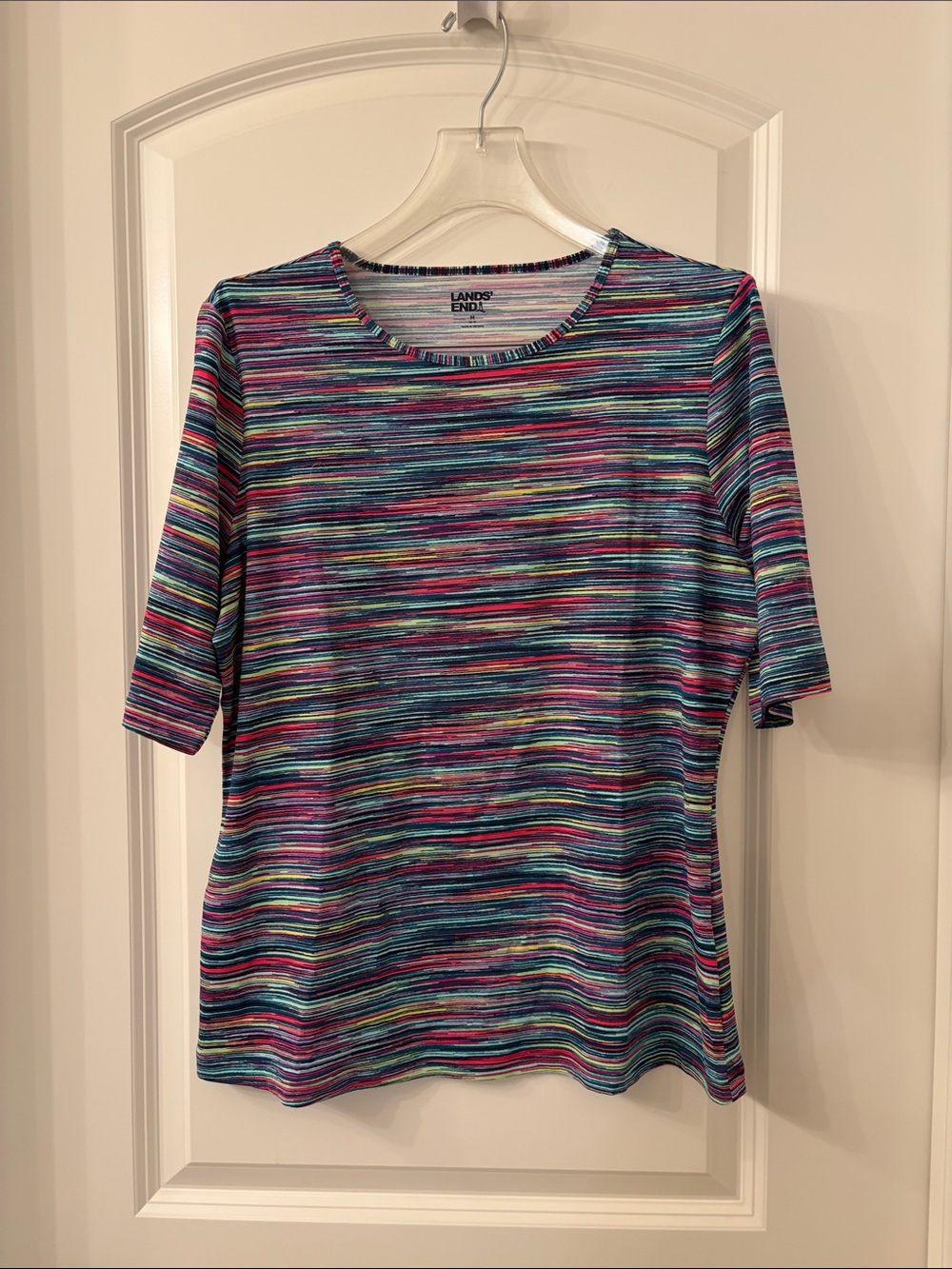 NWOT Lands' End Multicolor Striped Short-Sleeve Swim Tee in Blue, Pink, Green